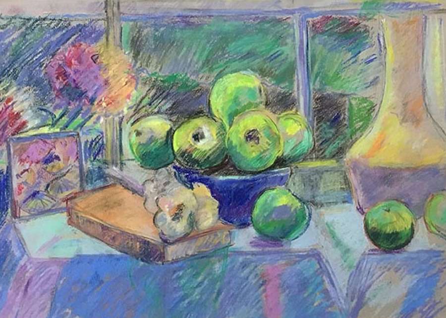 Antonia Ogilvie-Forbes. Green apples and blue Bowl.