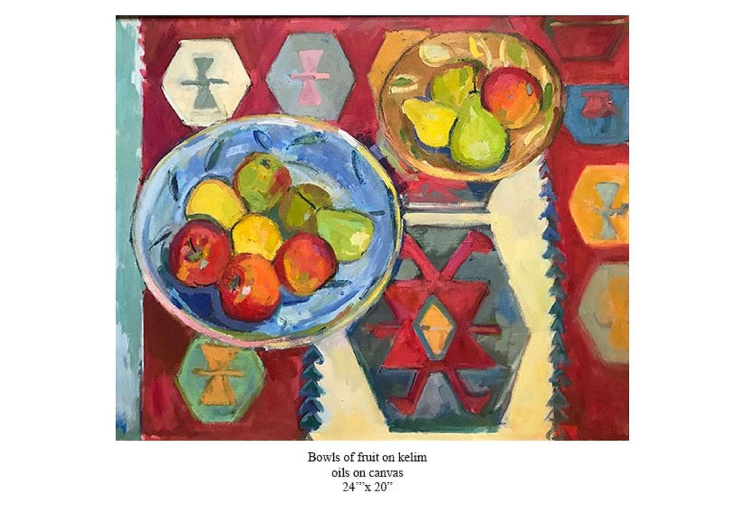 Antonia Ogilvie-Forbes. Bowls of fruit on Kelim.